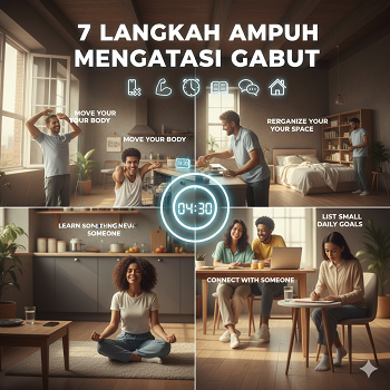 Ilustrasi seorang pria yang tampak termotivasi, sedang memasukkan pakaian ke mesin cuci, dengan jam digital di latar depan menunjukkan waktu 5 menit. Gambar ini merepresentasikan salah satu dari 7 langkah ampuh mengatasi gabut, yaitu menerapkan 'Aturan 5 Menit' untuk mengalahkan rasa malas.