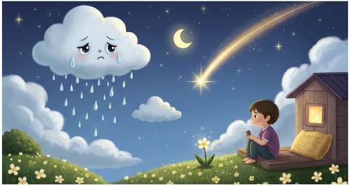 Ilustrasi dari kisah awan kecil yang lupa caranya menangis Awan kecil dengan ekspresi sedih atau bingung di langit malam, dengan bulan dan bintang di latar belakang, menggambarkan awan yang kesulitan melepaskan bebannya.