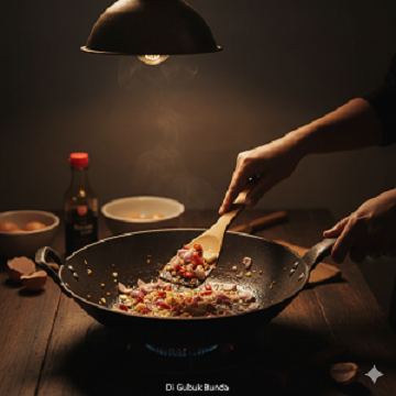 gambar nasi goreng yang mengepul simbol kehangatan keluarga . Makanan yang membuat orang yang melihatnya teringat pada masakan Bunda yang sering disiapkan bunda untuk anaknya yang pulang malamyang mengingatkan pada sosok Bunda Nasi goreng hangat mengepul dengan telur mata sapi, disajikan cepat 10 menit untuk dinikmati saat pulang malam.