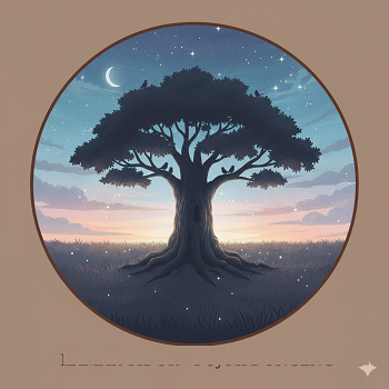 Sebuah pohon tua besar berdiri kokoh sendirian di tengah padang rumput yang luas. Cahaya senja kebiruan bulan dan bintang yang lembut menyelimuti. Akar-akarnya tampak menonjol di tanah, dan siluet burung-burung kecil hinggap di dahan-dahannya. Makna: Menekankan keagungan dalam kesendirian yang sebenarnya tidak sepi karena terhubung dengan alam semesta. Pohon Tunggal di Padang Senja/Malam Penuh Bintang
