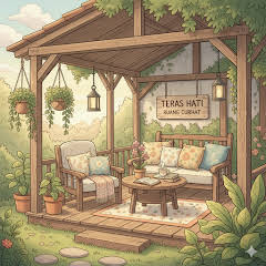 Sebuah ruang teras yang nyaman untuk dijadikan ruang curhat. Dilengkapi  dengan kursi dan beberapa bantal  berwarna teduh.. Di hiasi oleh tanaman hijau  di sekitarnya menyejukkan mata dan menenangkan hati.  Siapapun yang berada di sana pasti akan merasa tenang dan nyaman.