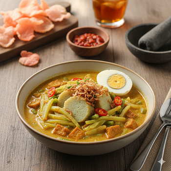 Gambar semangkuk lontong sayur dengan toping telur rebus yang dibelah dua, irisan cabe dan taburan bawang goreng. bisa dirasakan aromanya lontong sayur ini yang yummi
