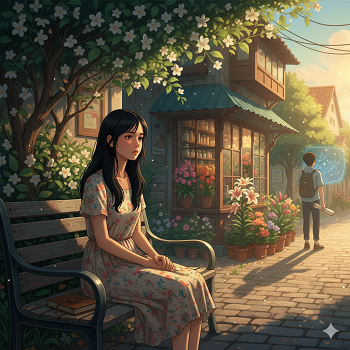 seorang perempuan muda duduk sendiri di kursi di bawah pohon melati tak jauh darinya tampak punggung pria muda membawa ransel di punggungnya berjalan menjauh