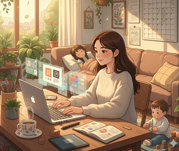 gambar seorang ibu sedang bekerja menggunakan laptop. bersamanya seorang balita duduk tenang sambil bermain. dan seorang anak lainnya tidur di sofa.