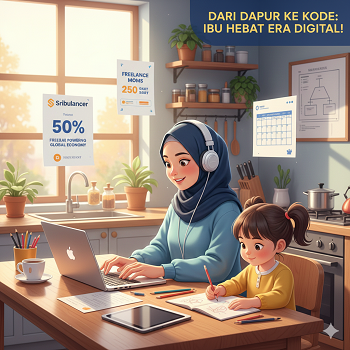 gambar ibu sedang bekerja dengan sebuah laptop dan headset di kepala. di sebelahnya seorang anak sedang menulis di sebuah buku. gambaran seorang ibu rumah tangga sekaligus wanita karier yang bekerja dari rumah. ibu yang mampu menggenggam kedua urusan rumah tangga dan karier