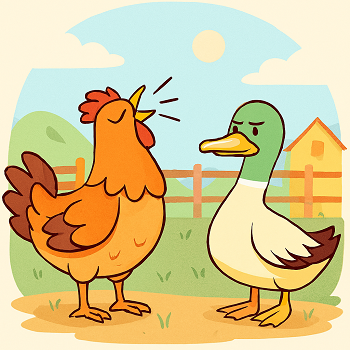 seekor ayam yang sedang berkokok Ayam jago tampak berkokok dengan semangat, lengkap dengan jambul merah besar dan ekor melengkung, sementara bebek di sampingnya terlihat kesal. Latar belakangnya desa kecil dengan matahari terbit, suasana hangat dan ceria.