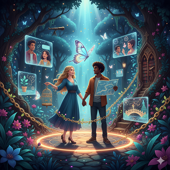 gambar sepasang lelaki dan perempuan saling bergandengan tangan di sekelilingnya ada foto kenangan mereka 