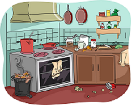 Gambar dapur yang berantakan beberapa barang berserakan di lantai, tong sampah yang penuh menunjukkan drama kocak di dapur