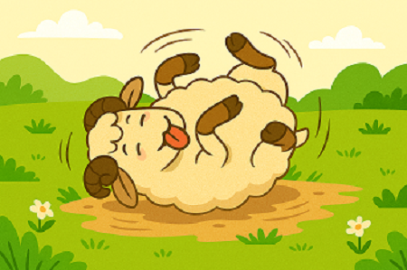 gambar seekor kambing gembul yang sedang terguling di atas rumput dengan mimik muka yang lucu