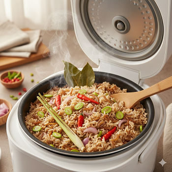 Gambar nasi liwet dengan potongan cabai merah, petei , daun salam, sereh,bawang gorengdi dalam sebuah rice cooker, aromanya yang semerbak bisa tercium.