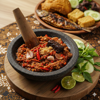 gambar sambal di dalam lumpang batu di sebelahnya ikan goreng bersama tahudan ayam goreng ditambah irisan timun segar dan daun kemangi serta irisan jeruk nipis