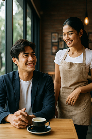 gambar seorang pemudi (waitres) dan seorang pemuda (pelanggan) bertemu di sebuah kafe di sebuah kota. merekapun saling jatuh cinta. ternyata pemuda menyimpan sebuah rahasia.